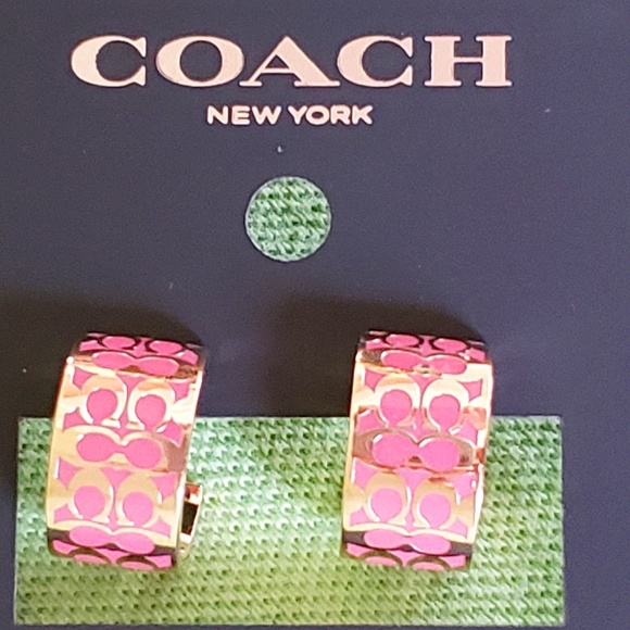 COACH SIGNATURE HUGGIE EARRINGS:NWT PINK/GOLD  C7770 - Picture 1 of 10